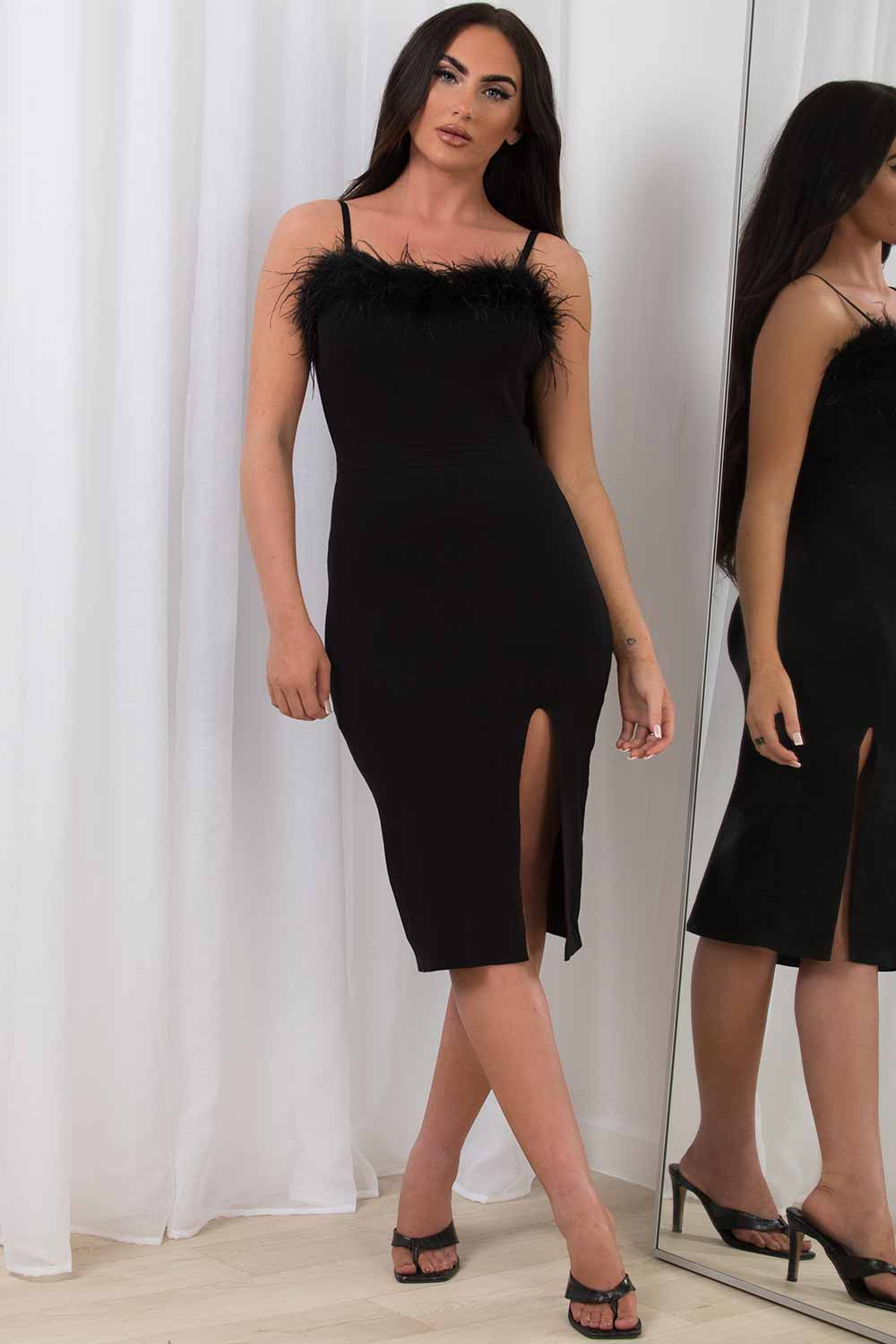 black feather trim midi bodycon ribbed dress sale uk