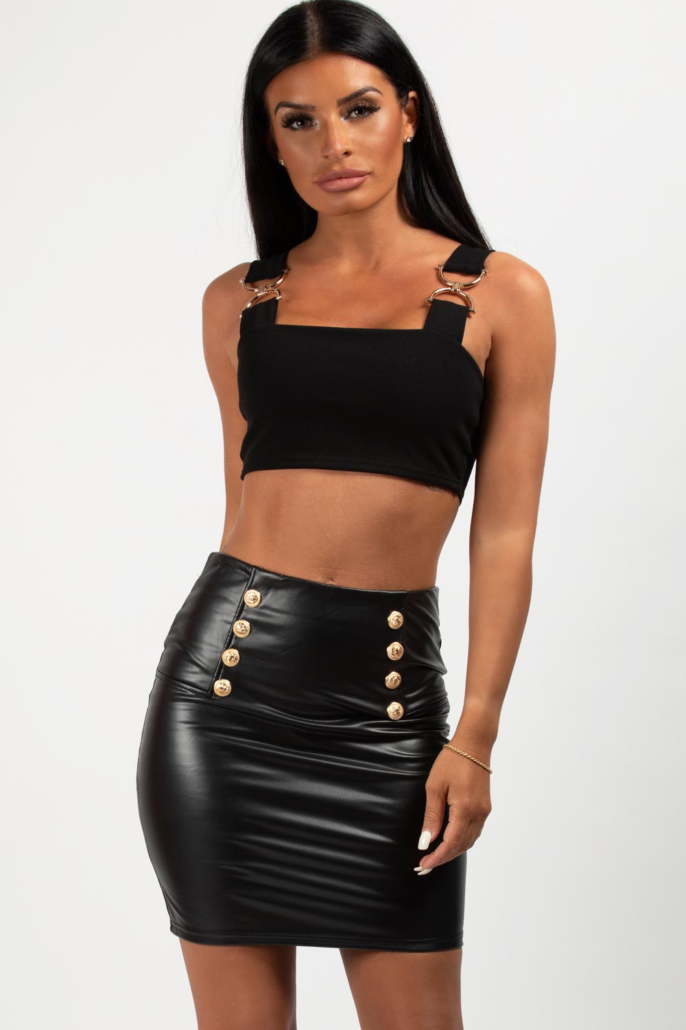 Black Vegan Leather Mini Skirt With Gold Button Detail