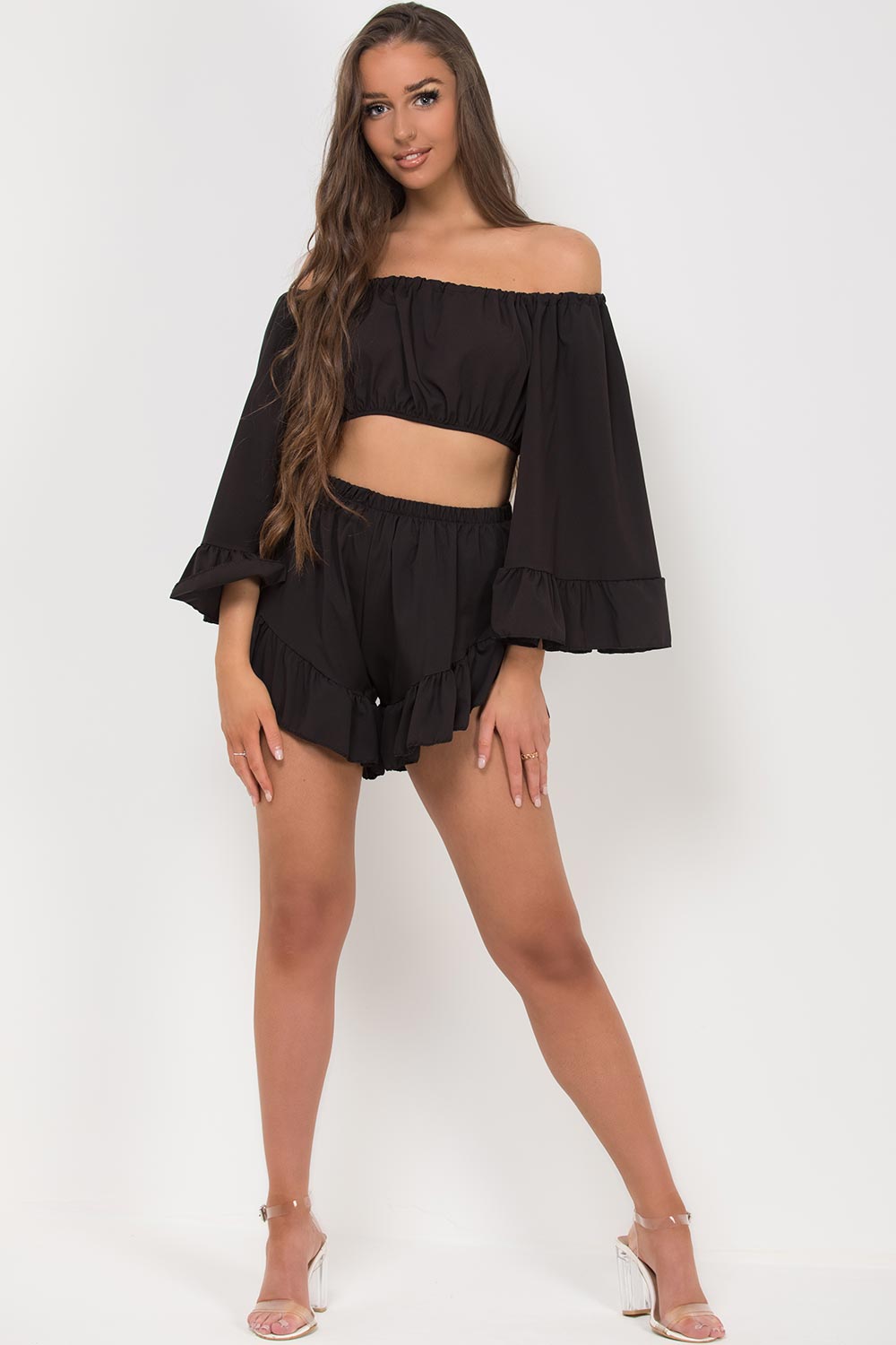 black off shoulder bell sleeve crop top frill hem shorts set
