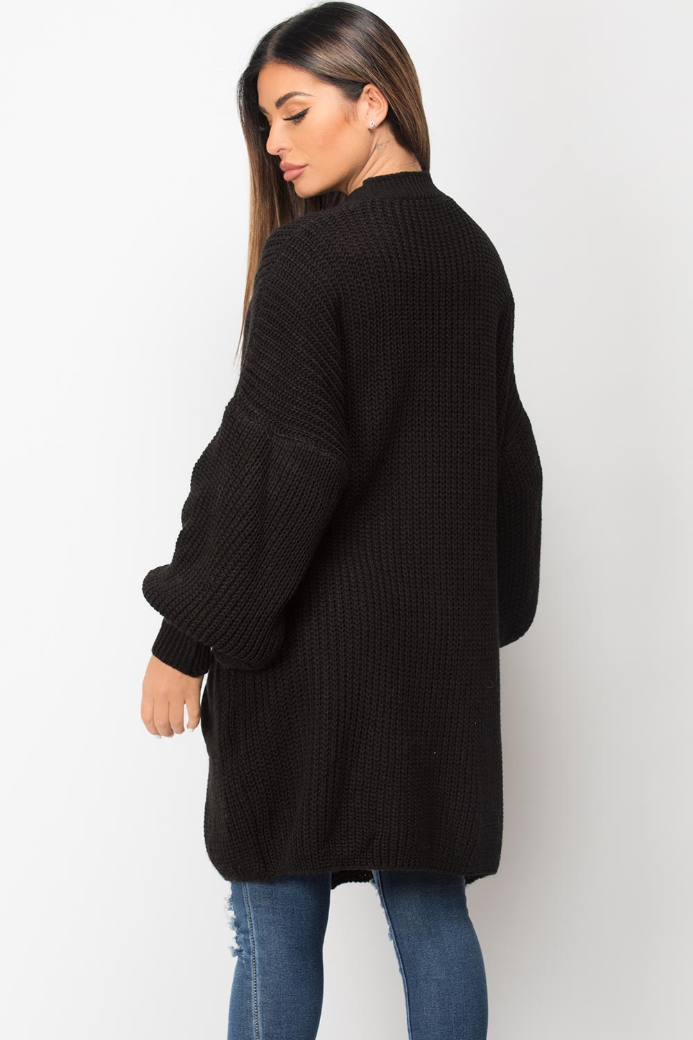 black longline balloon sleeve cardigan