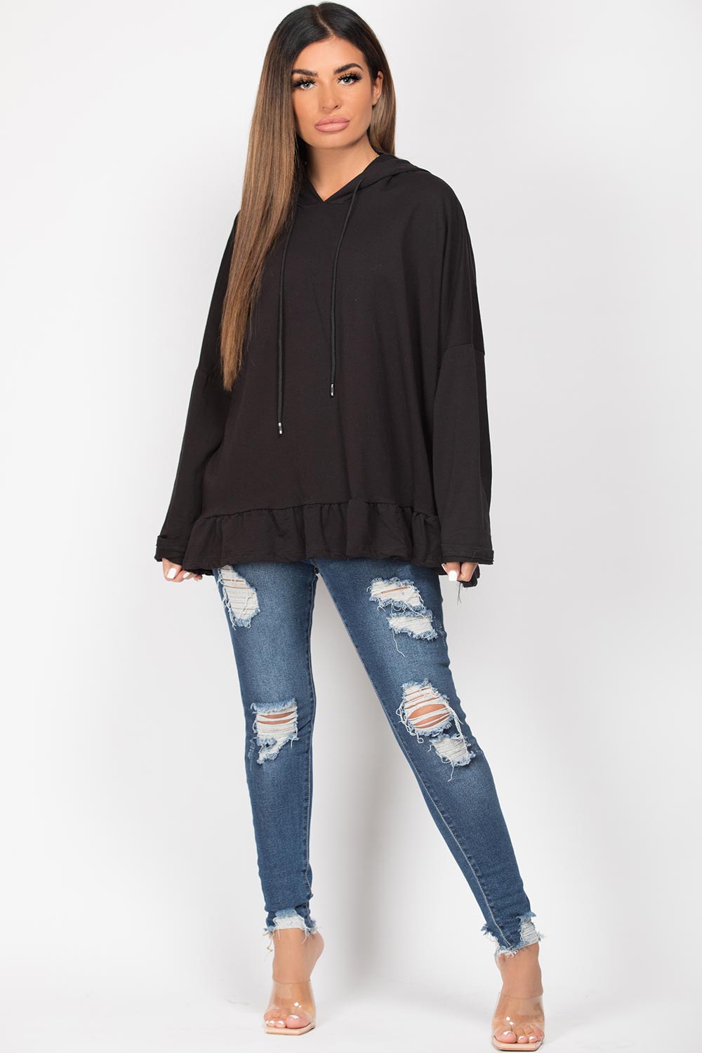 frill hem oversized hoodie womens