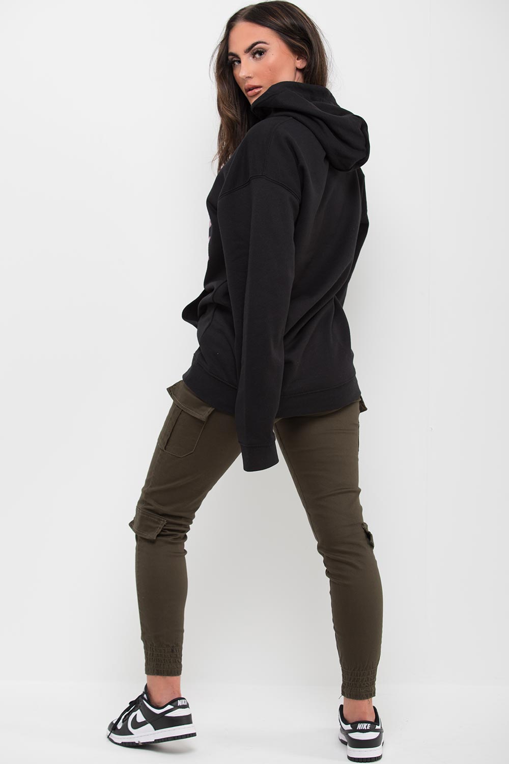 womens black hooded sweatshirt with teddy bear graphic