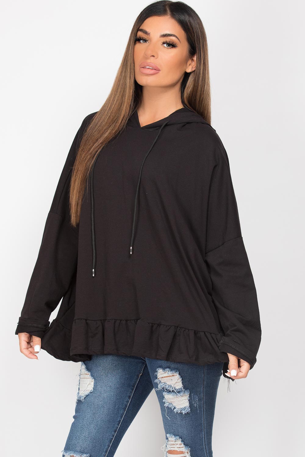 black hooded sweatshirt with frill hem