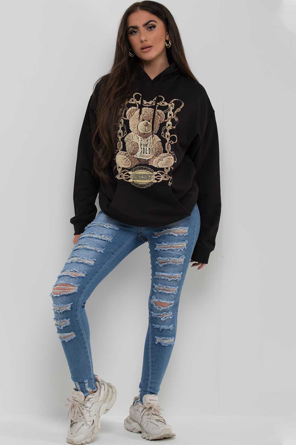 womens mischief teddy bear slogan oversized hoodie