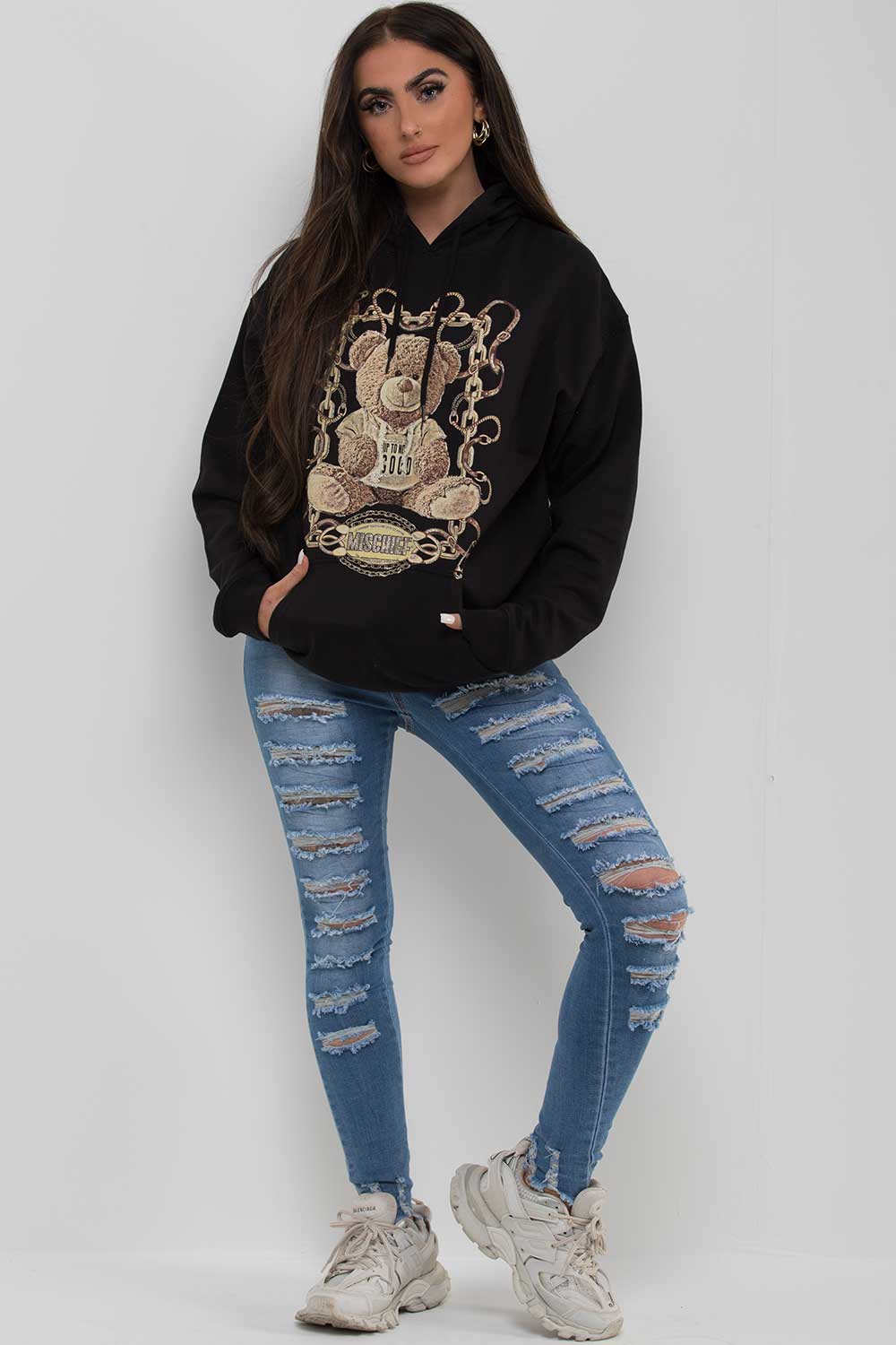 mischief teddy bear slogan hoodie black