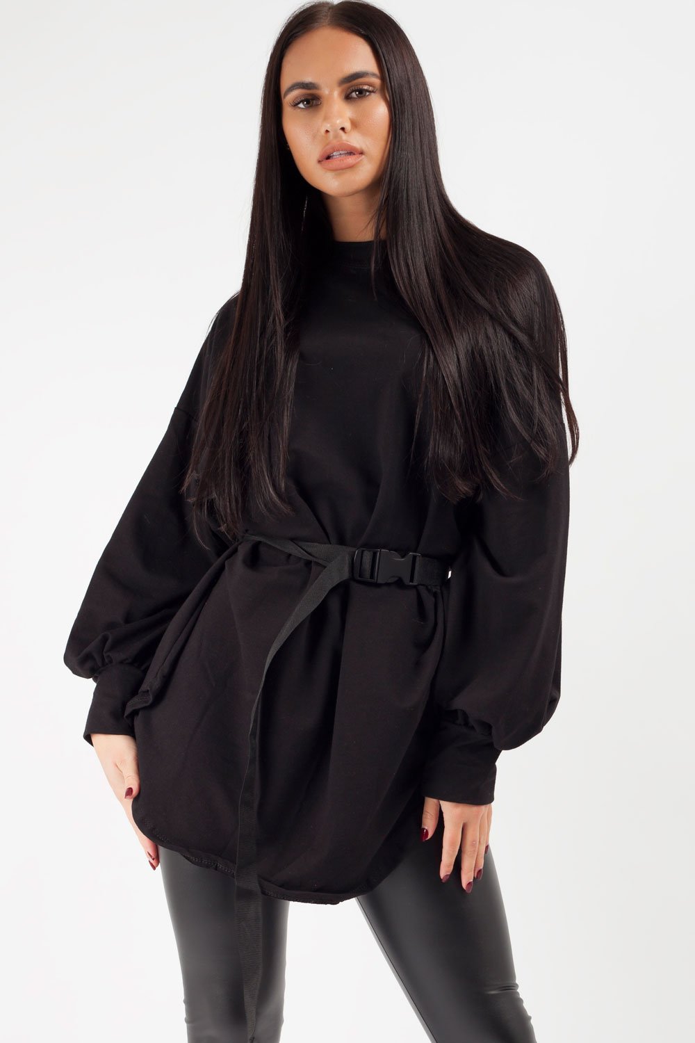black oversized sweatshirt with utility belt