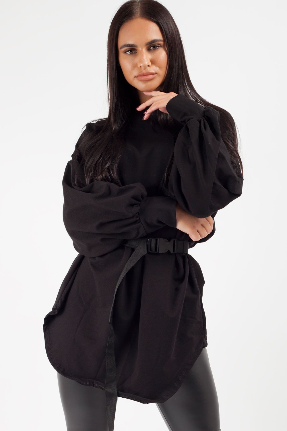 black oversized sweatshirt with utility belt