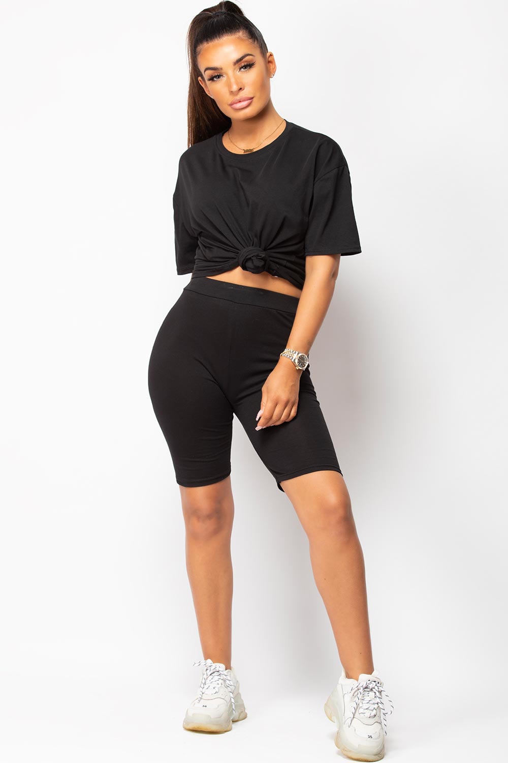 black cycling shorts and oversized t shirt two piece set