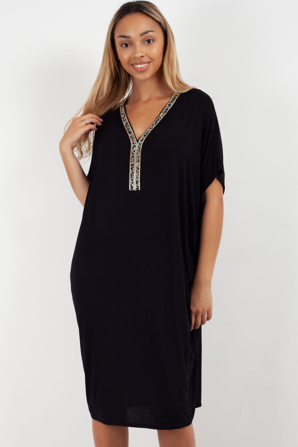 black oversized top with diamante trim detail