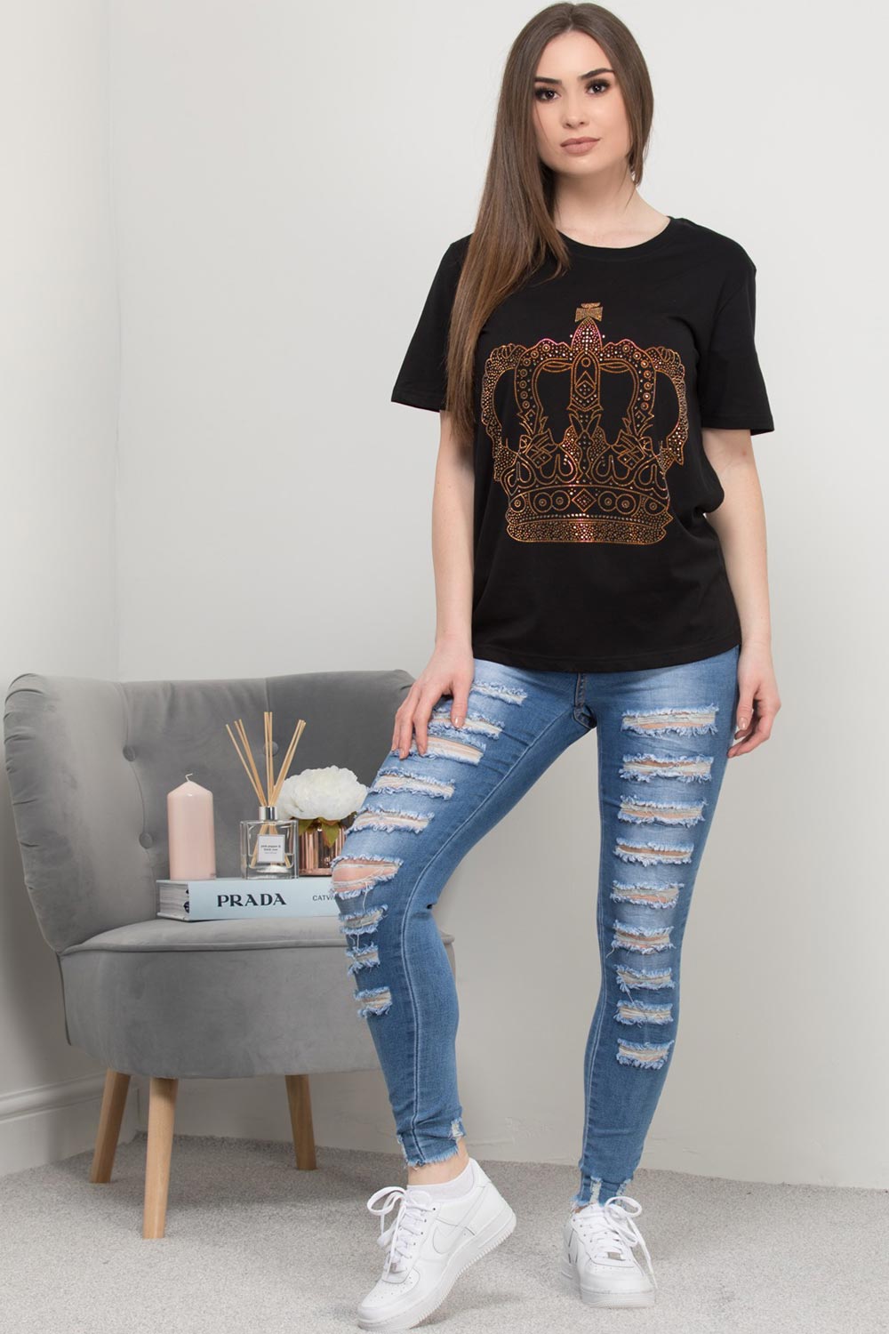 black oversized t shirt with crown diamante detail