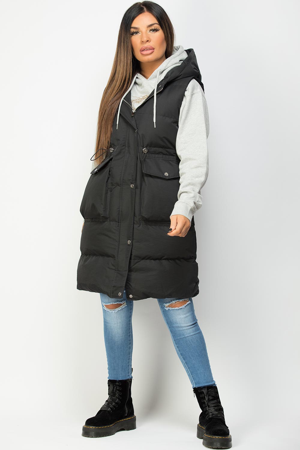 black puffer gilet long