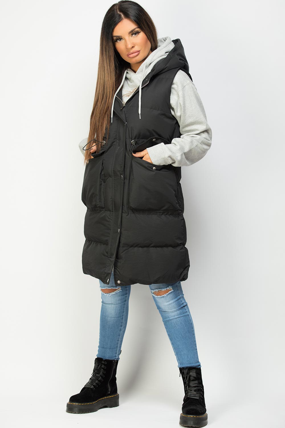 long black puffer padded gilet