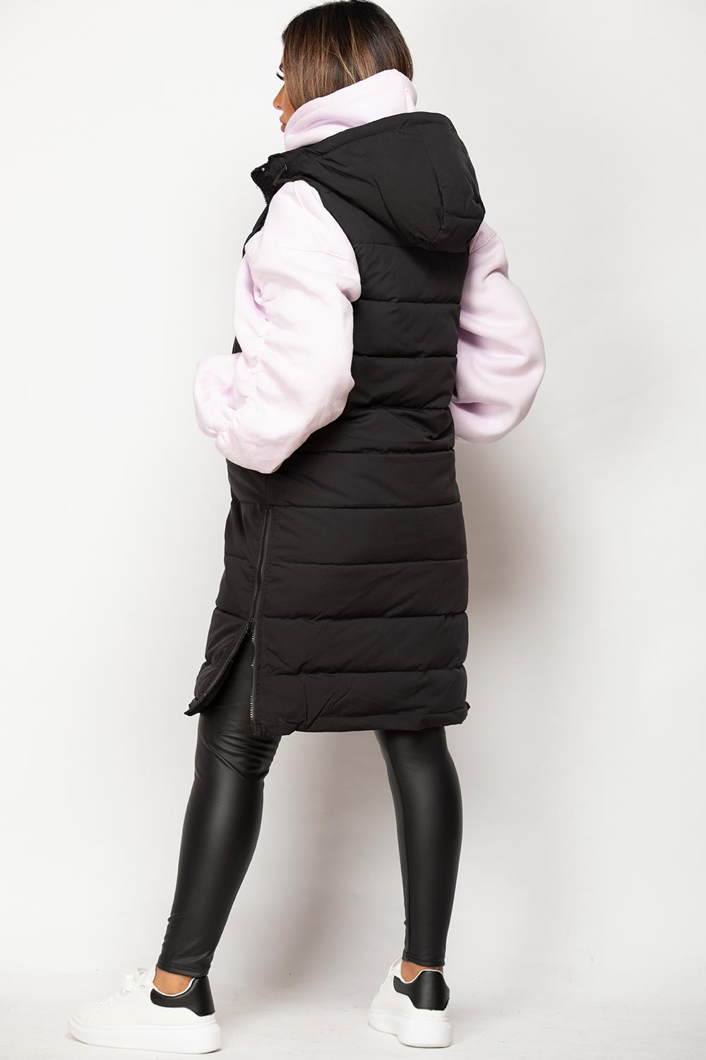 black longline padded sleeveless jacket womens