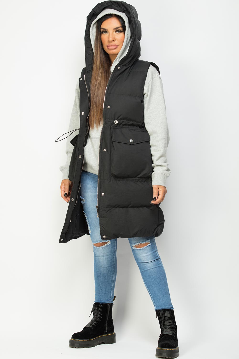 padded hooded long gilet black