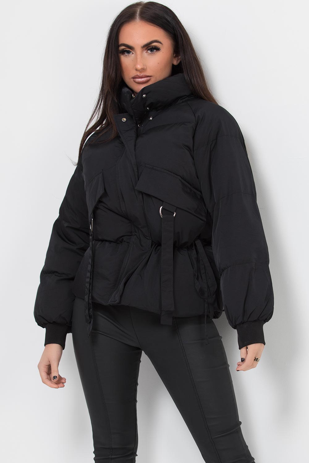womens puffer jacket with drawstring waist