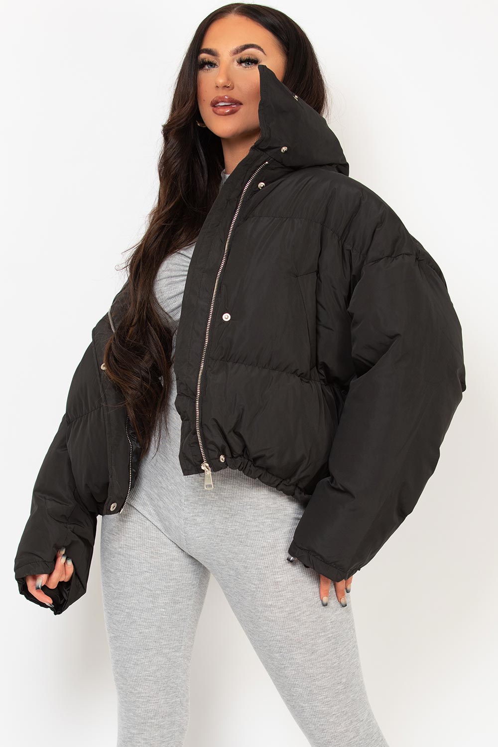 womens puffer padded jacket with drawstring hem