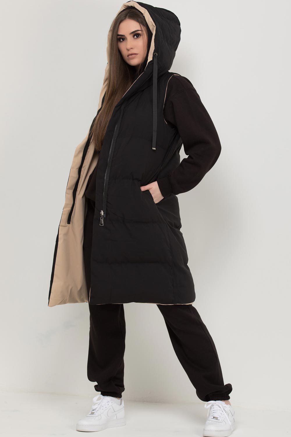 padded hooded longline gilet reversible