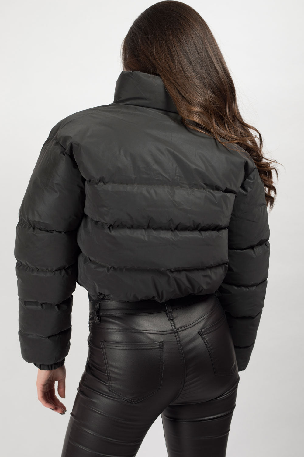 cropped padded puffer reflective jacket black