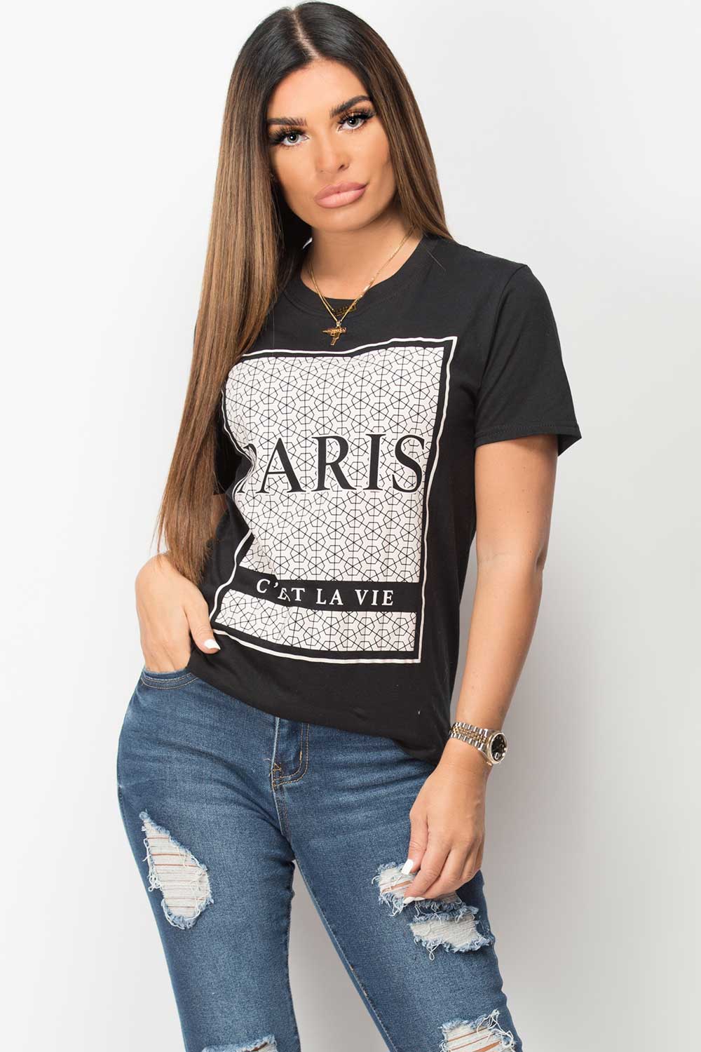 black paris slogan t shirt womens