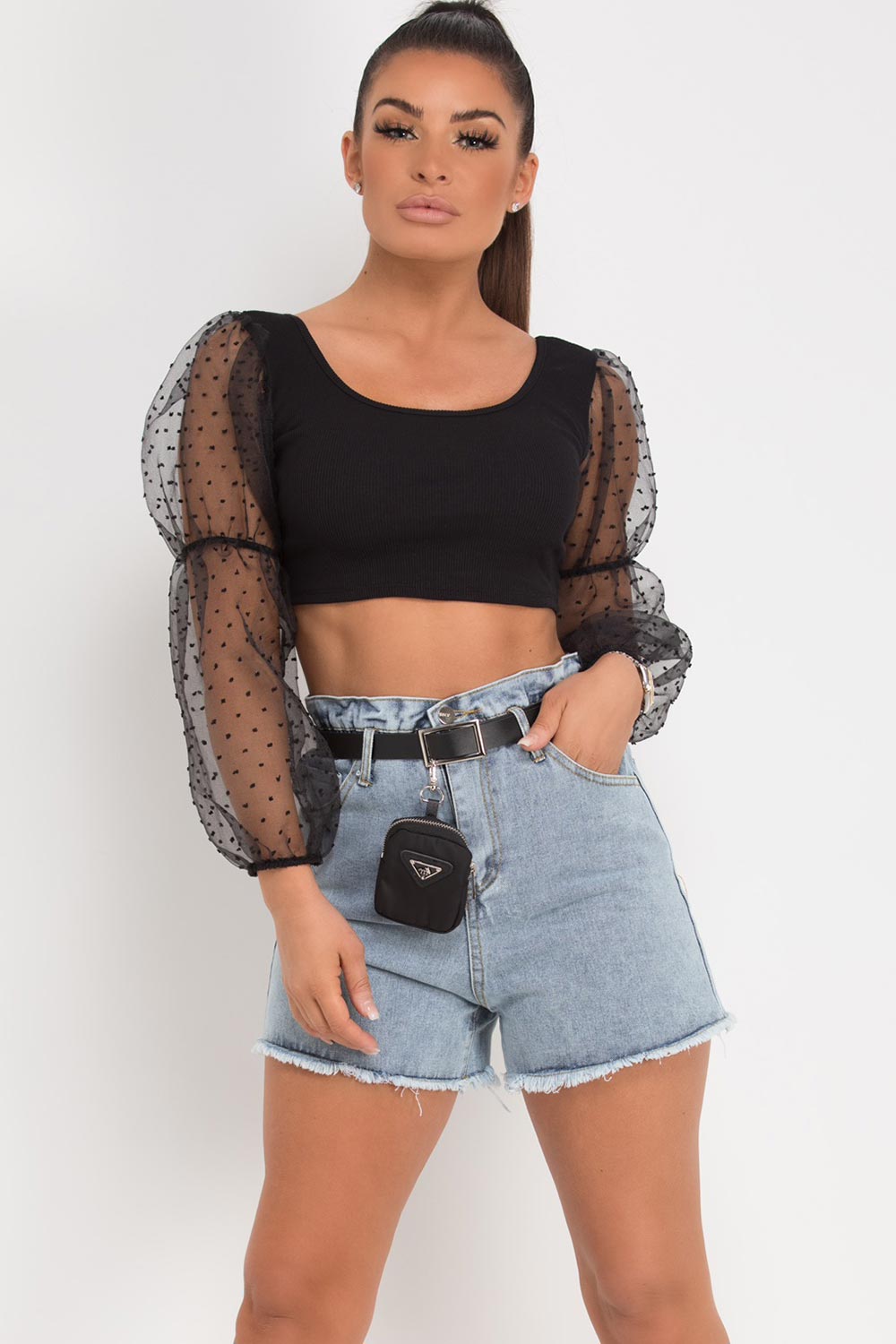 black long lace sleeve crop top