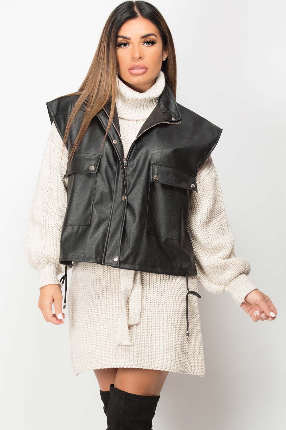 faux leather sleeveless biker jacket womens
