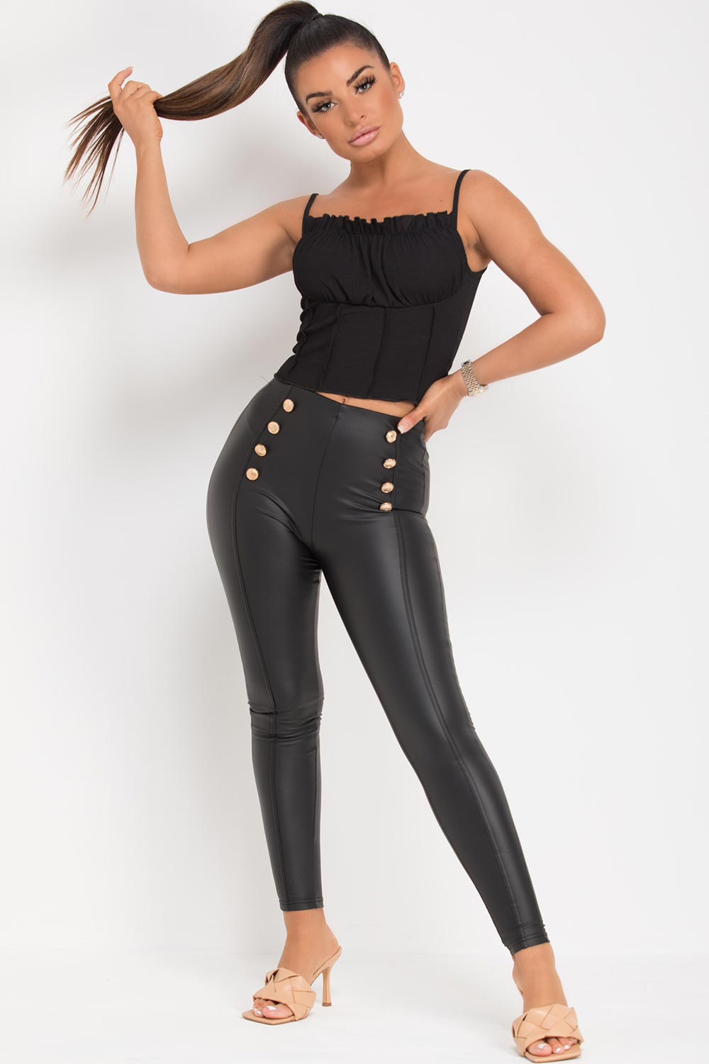 gold button faux leather high waisted leggings black