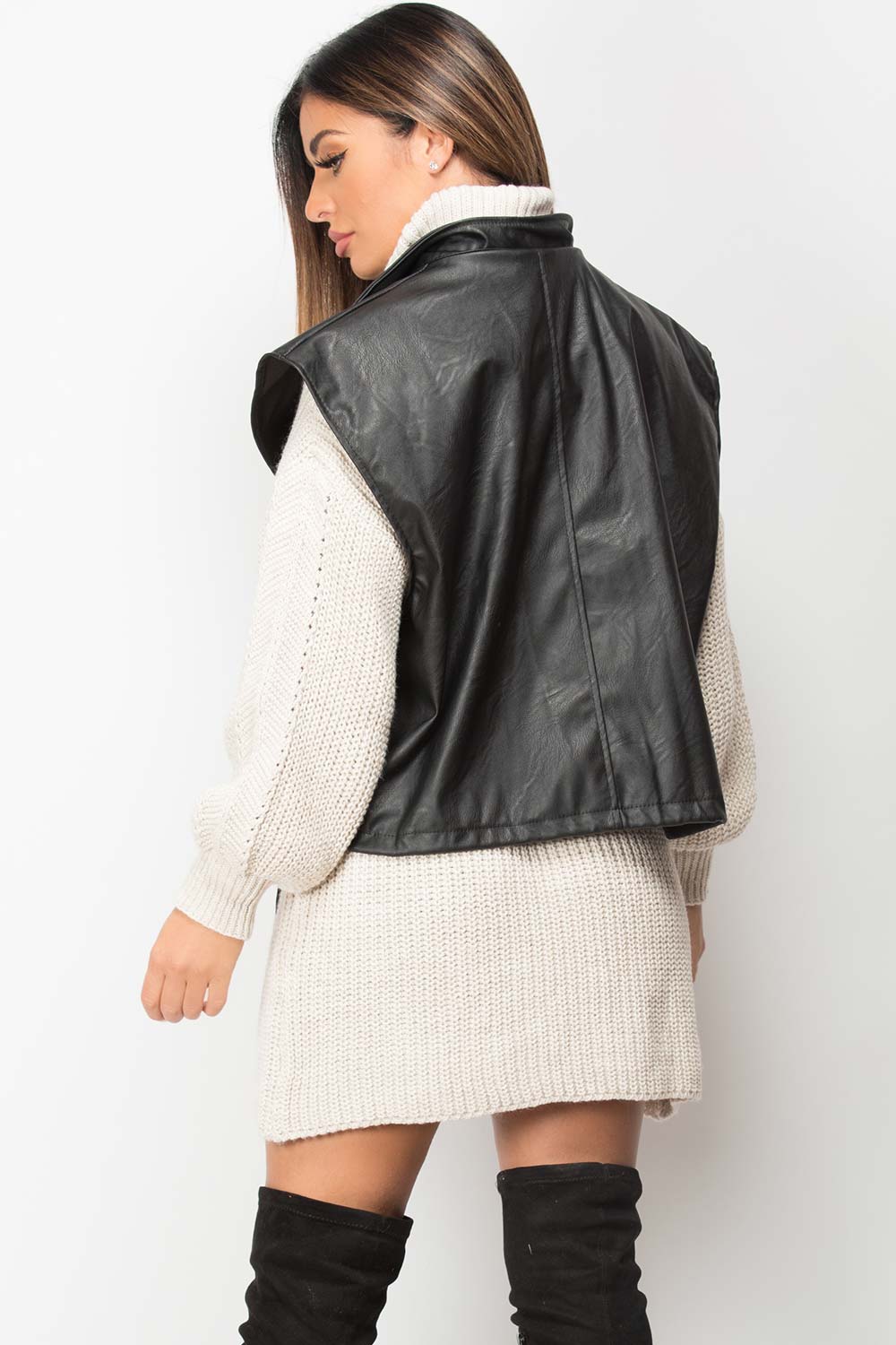 black vegan leather sleeveless jacket