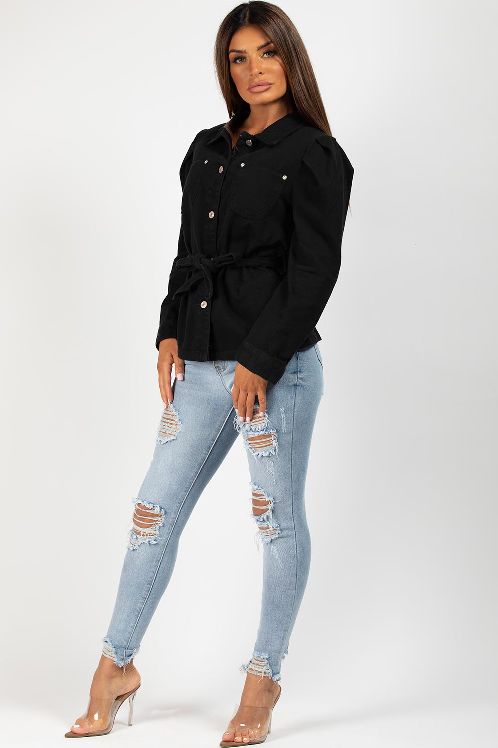 puff sleeve denim jacket black
