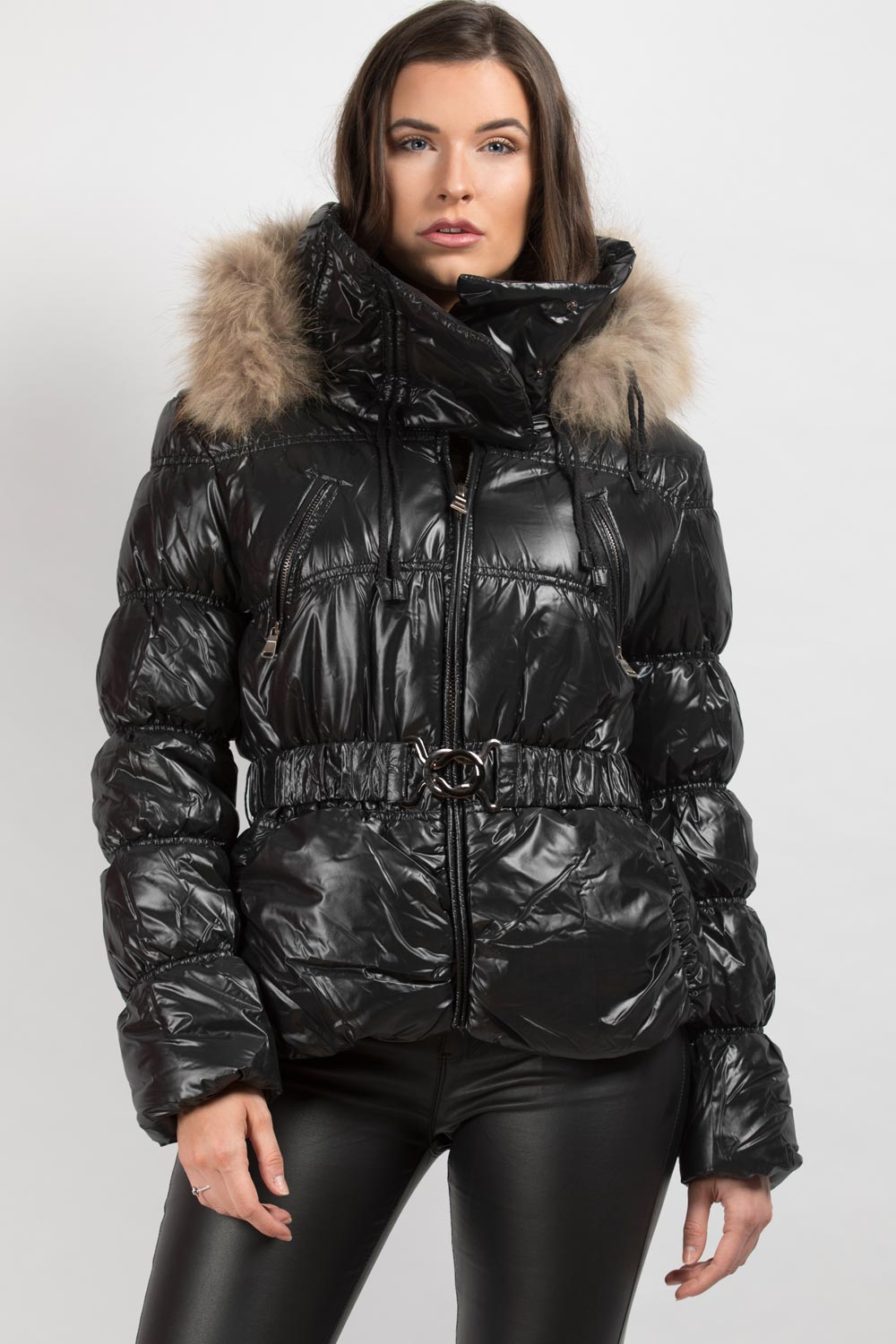 black shiny puffer coat with real fur hood