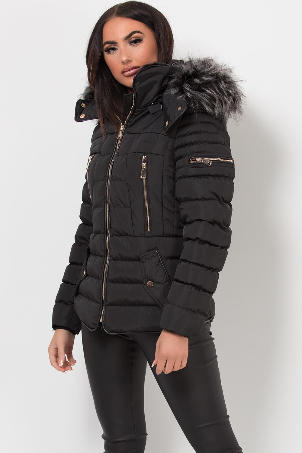faux fur hood puffer jacket black
