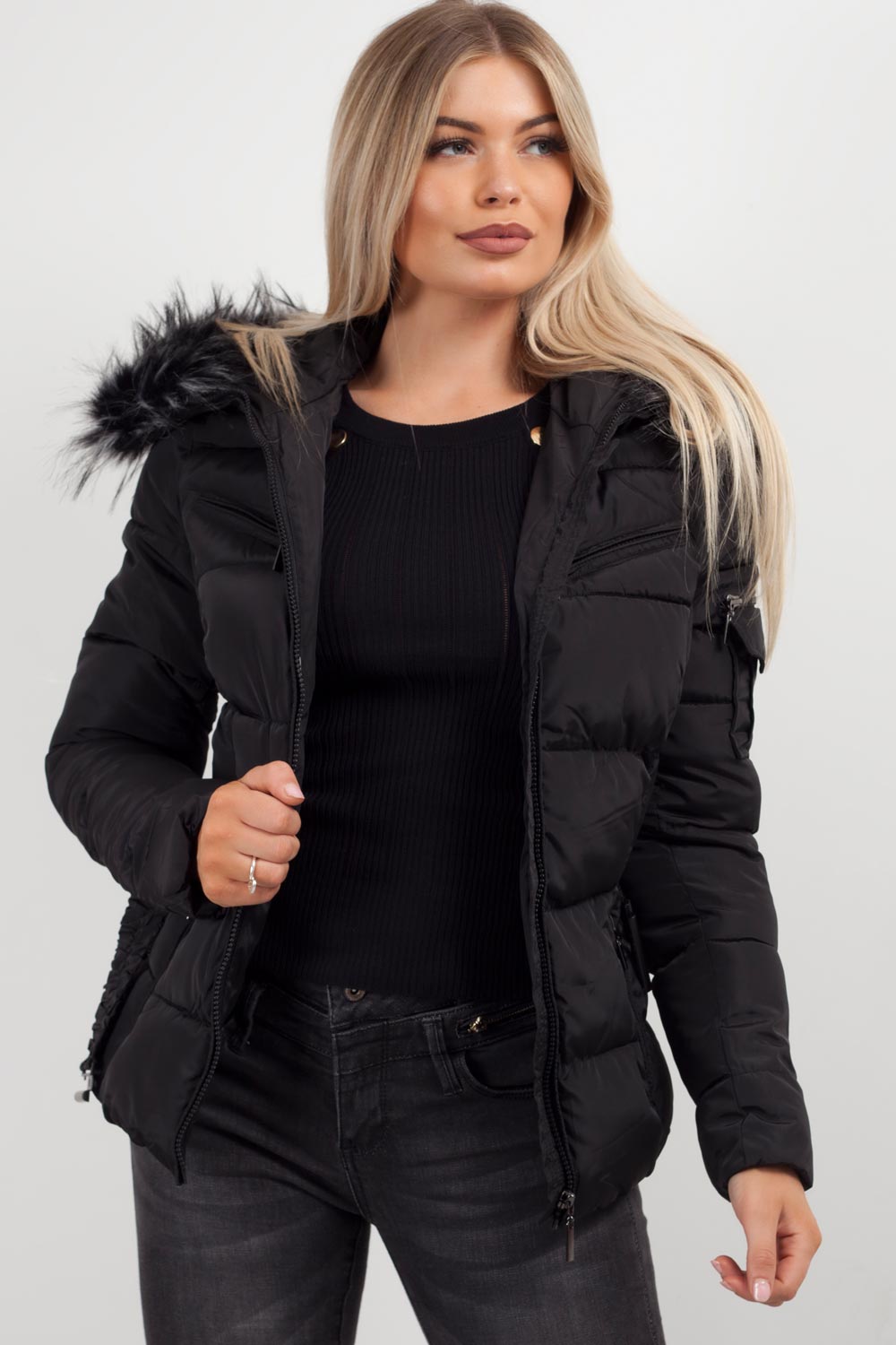 faux fur hooded coat black