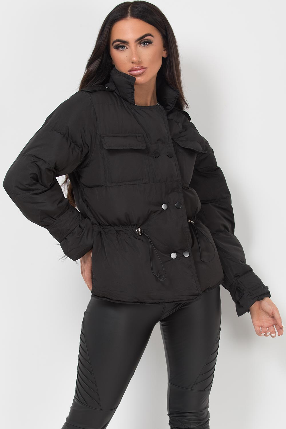 puffer jacket with drawstring waist black
