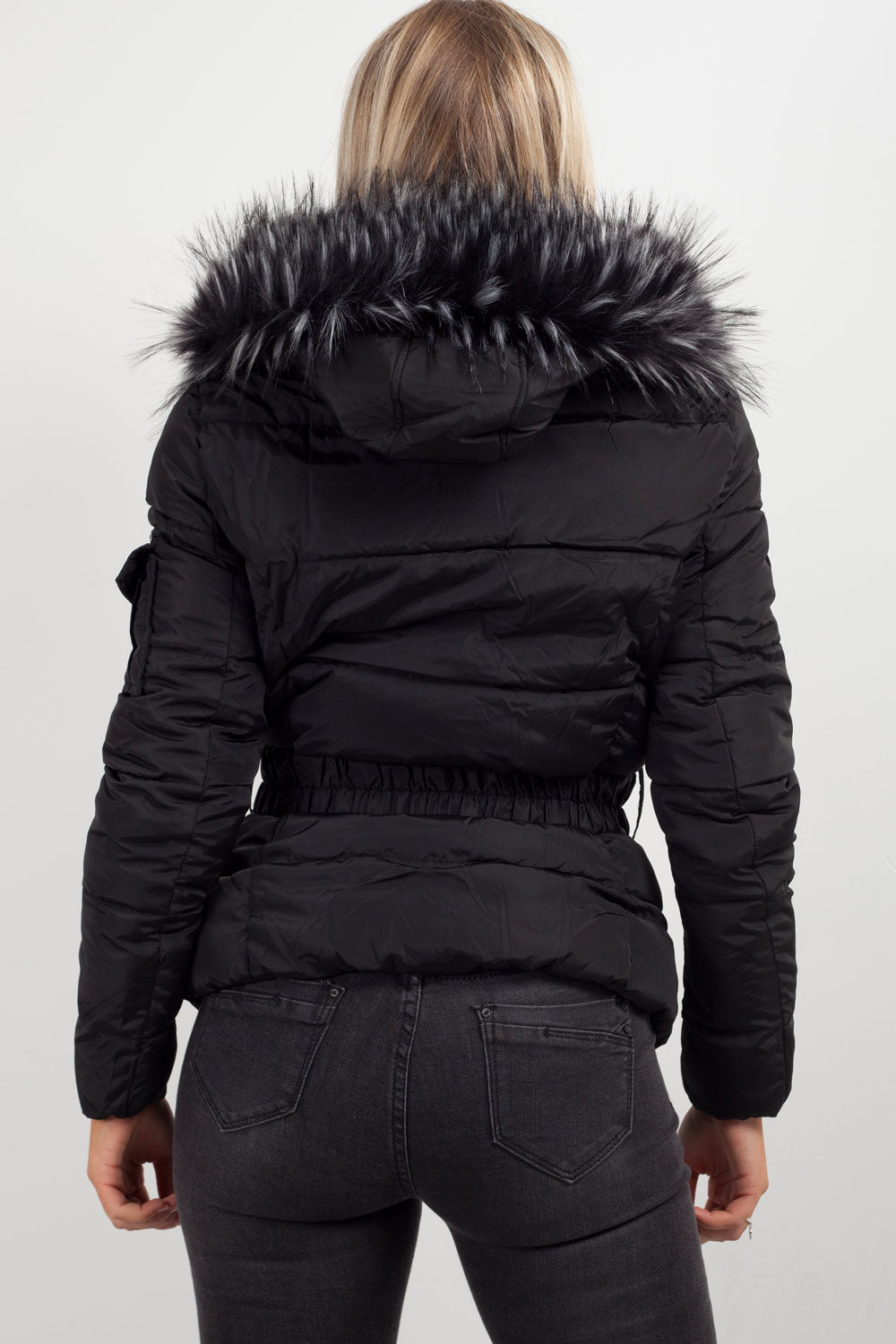 puffer coat with faux fur hood black