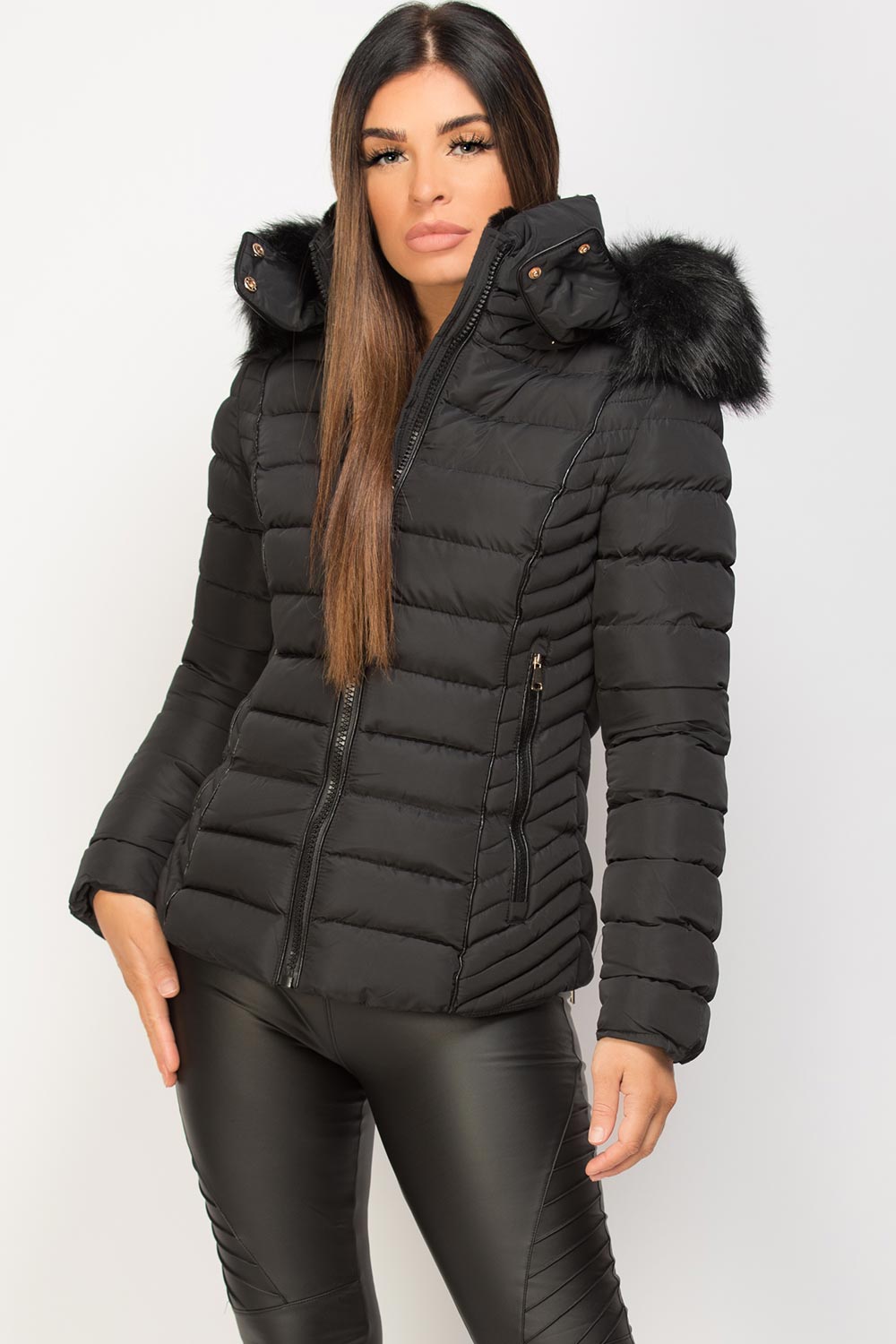 faux fur hooded puffer jacket black