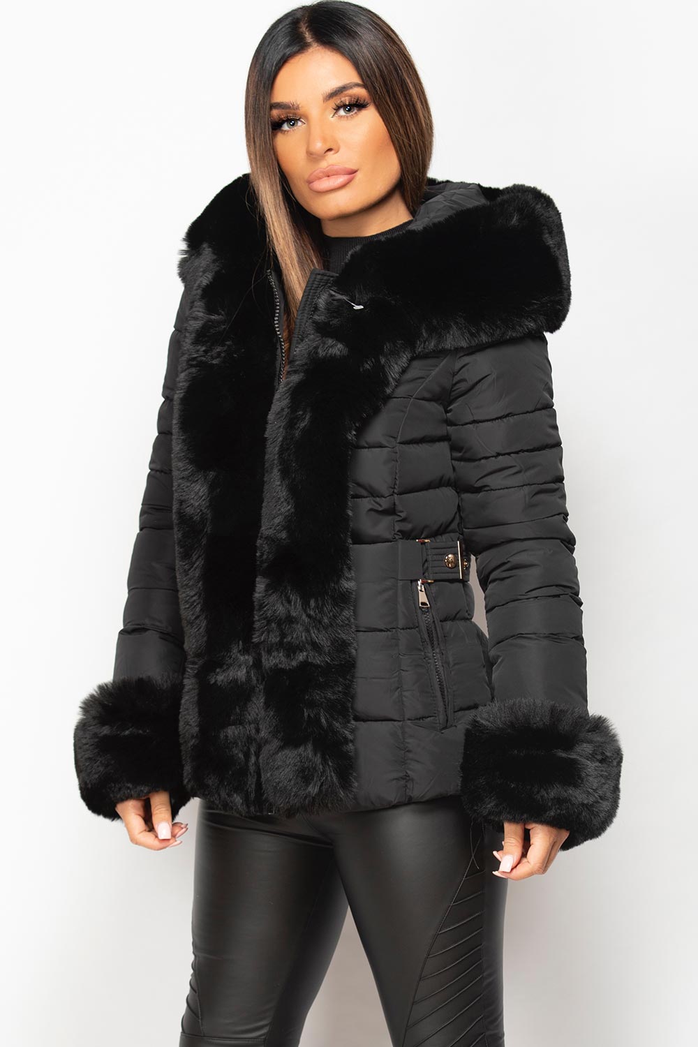 black puffer coat with fur hood
