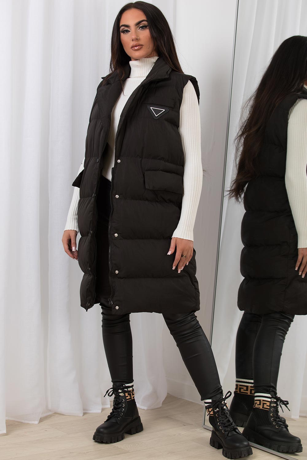 black puffer padded gilet with belt womens