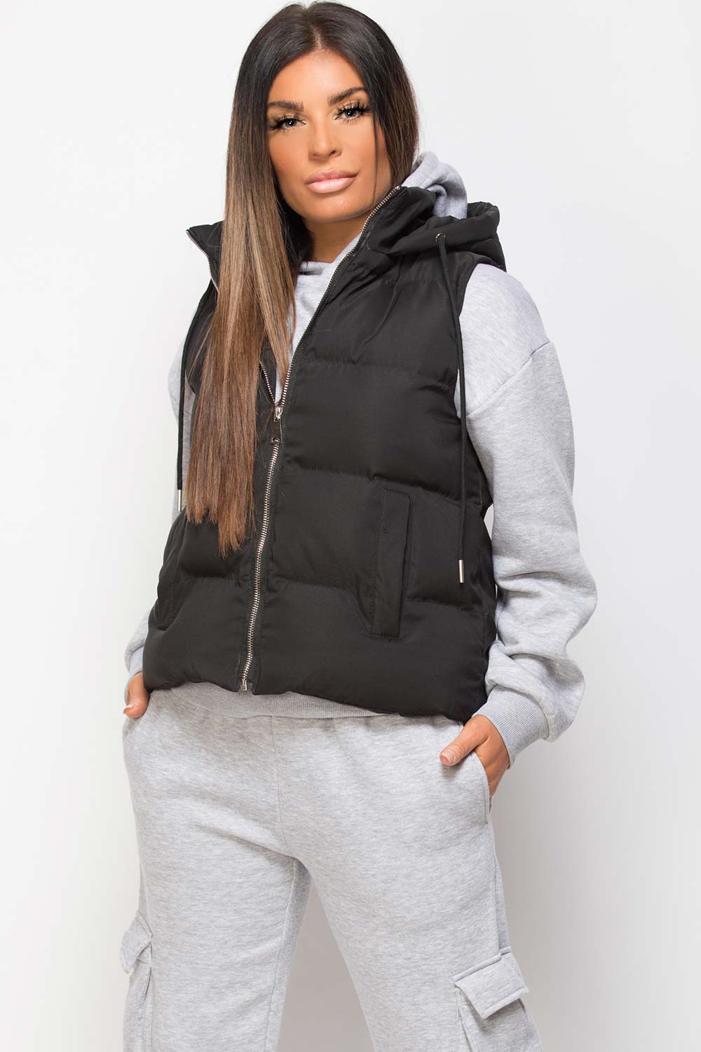 sleeveless jacket black hooded