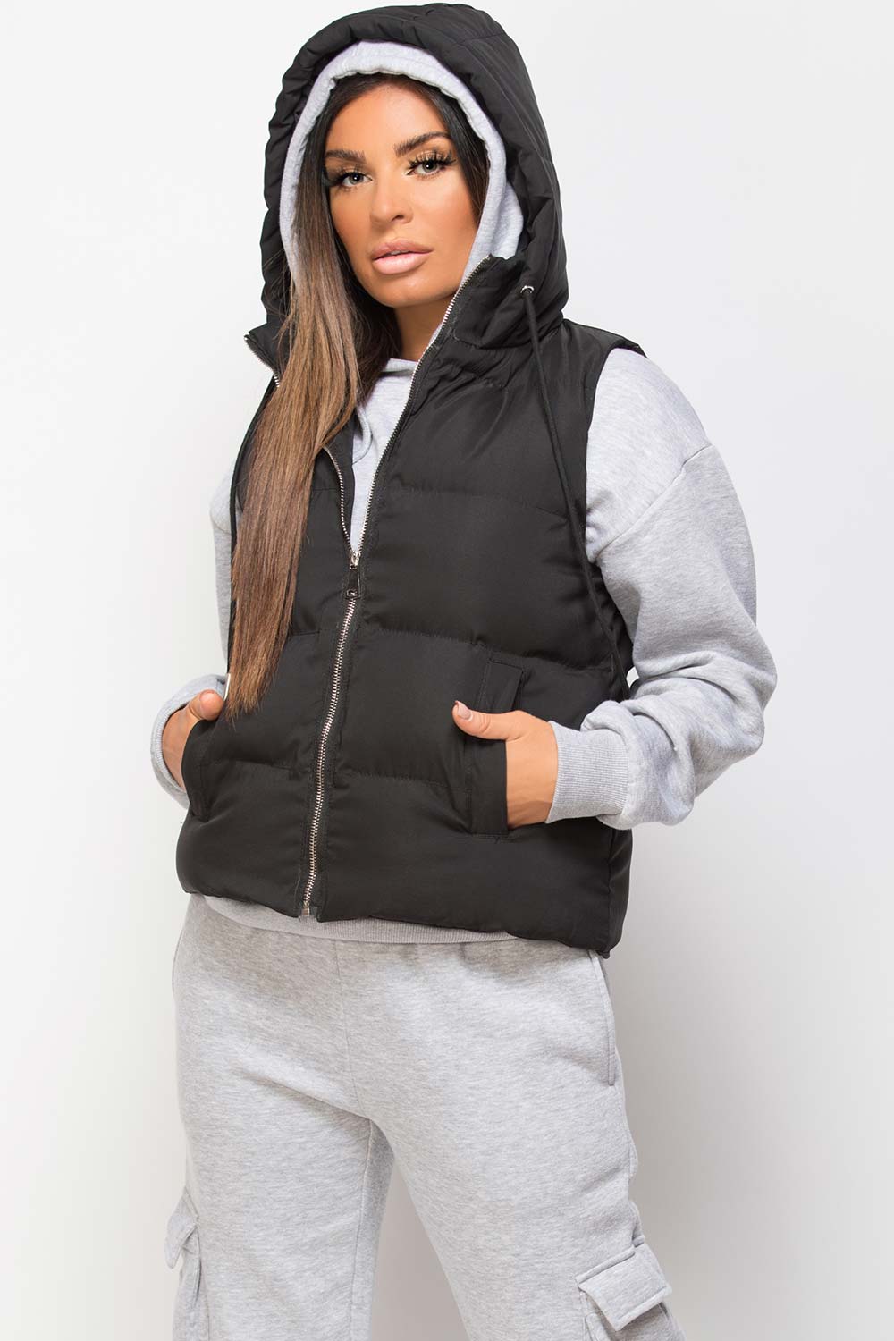 black hooded waistcoat womens