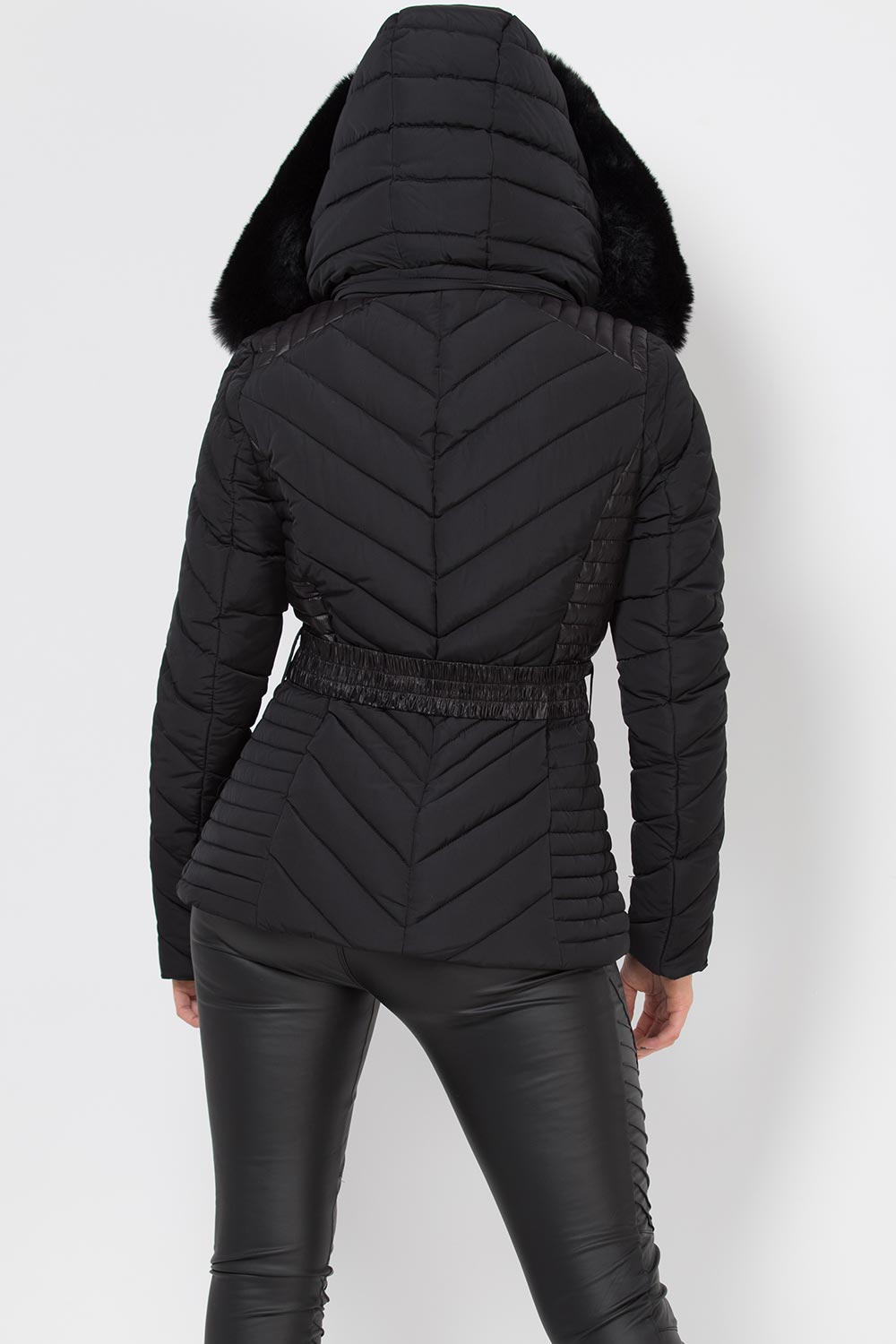 womens black puffer jacket with faux fur hood