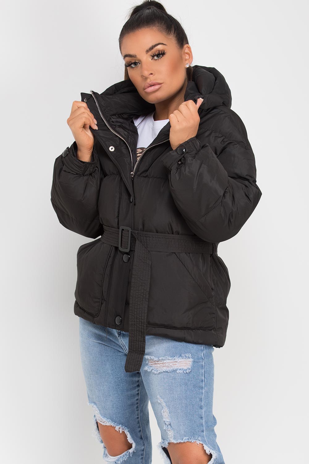 black puffer jacket with belt on sale