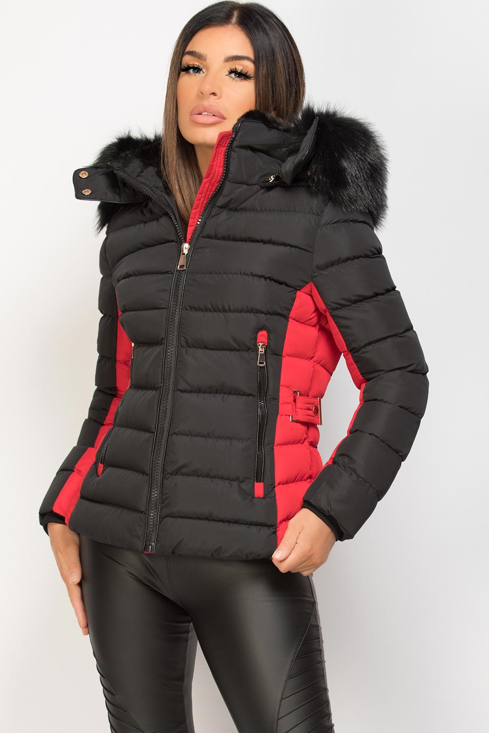 red and black puffer jacket with faux fur hood