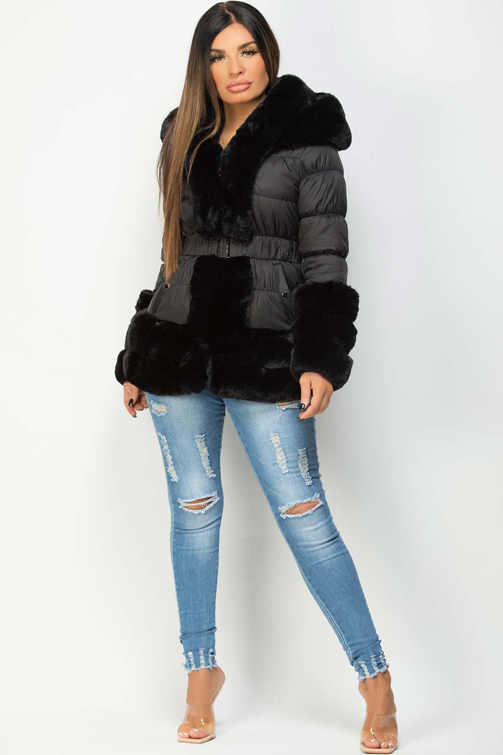 black faux fur trim down jacket womens