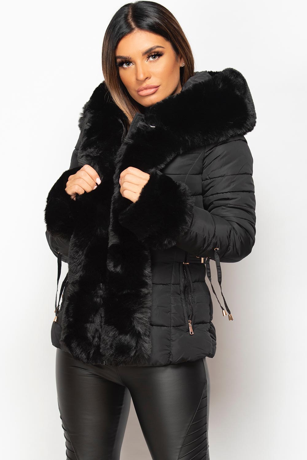 faux fur hooded puffer padded jacket womens