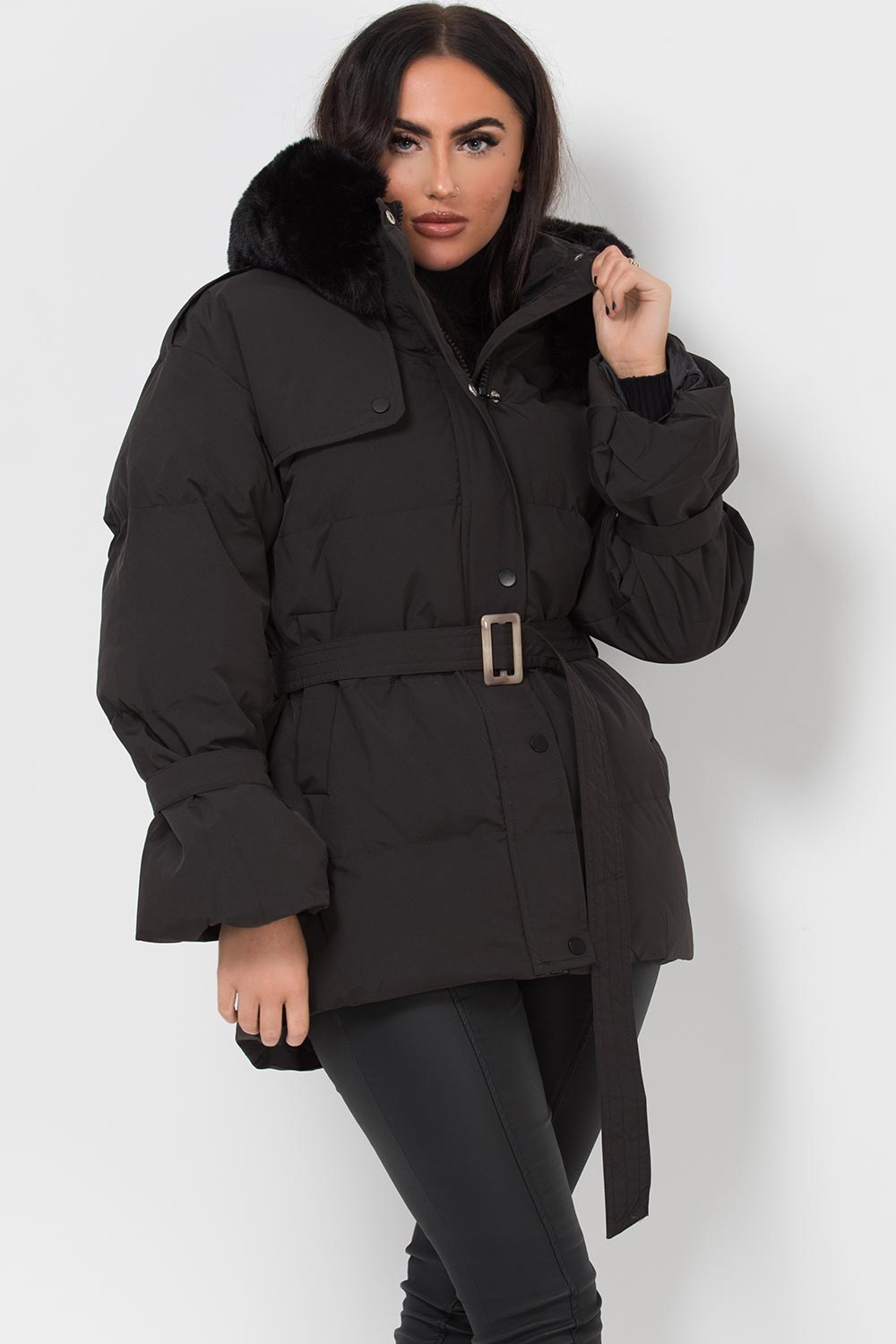 faux fur hood padded puffer coat womens