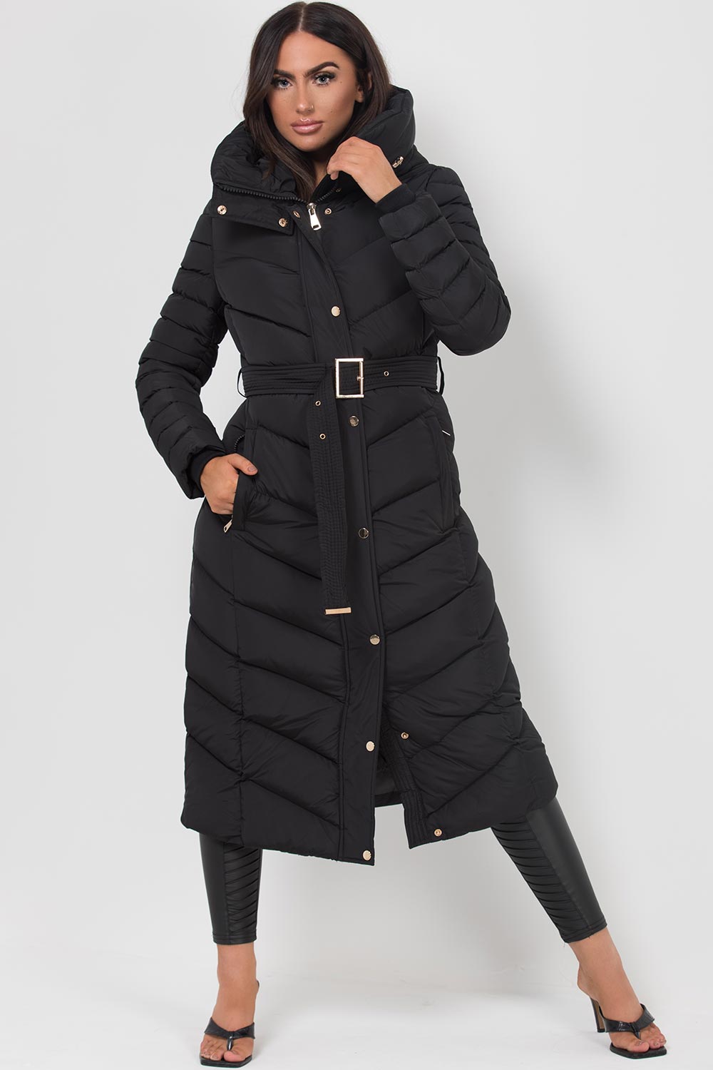 black down puffer coat with belt womens