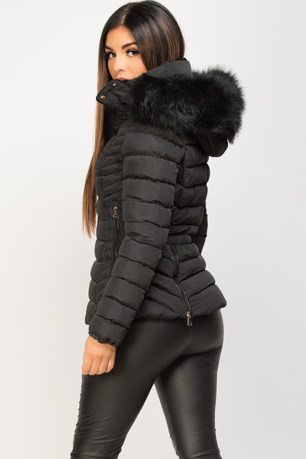 black puffer jacket with faux fur hood
