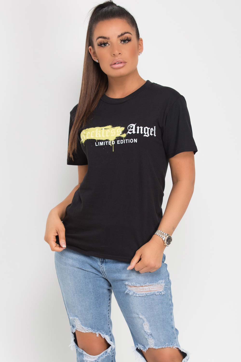 limited edition reckless angel slogan t shirt black