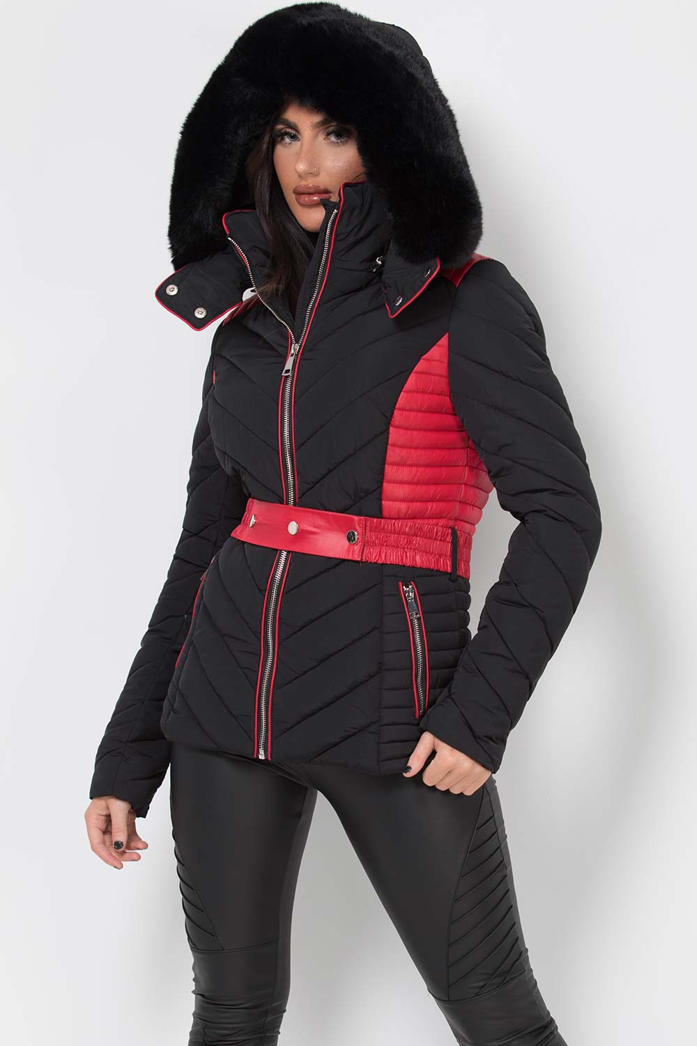 black puffer jacket with fur hood