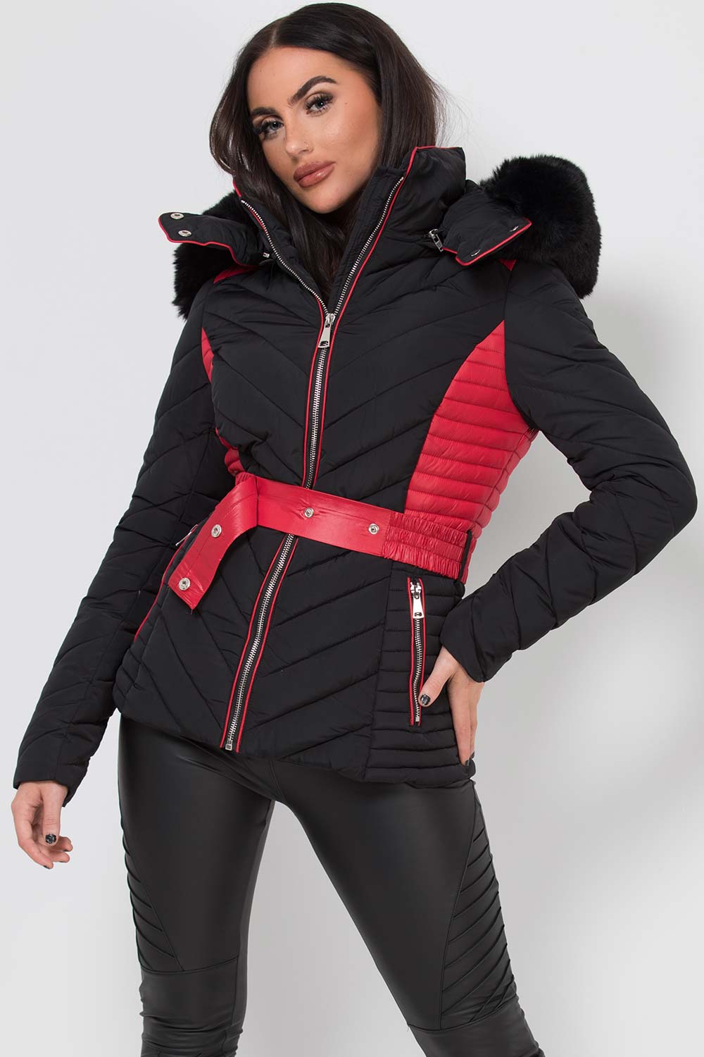 black puffer jacket with fur hood