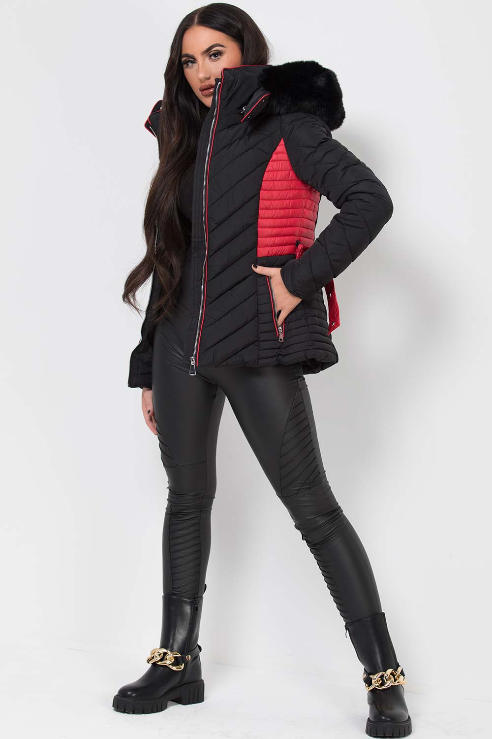 black puffer jacket with fur hood